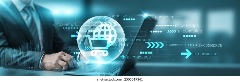 Hand touching a laptop network connection on e-commerce, digital transactions, online shopping, global marketplaces, cybersecurity, and technology and futuristic innovations. - Powered by Shutterstock