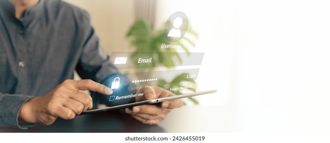 Hand touching login username and password icon for safety internet security access or user sign registration menu for social media member verification personal information account submit register. - Powered by Shutterstock