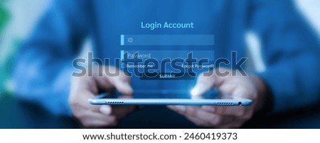 Hand touching login username and password icon for safety internet security access or user sign registration menu for social media member verification personal information account submit register.