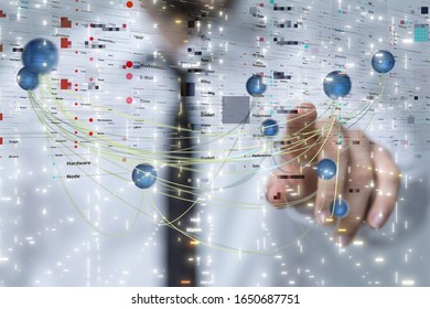  hand touching map point, network connection, international meaning, copy spac