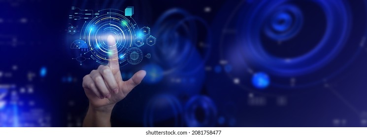 Hand Touching The Metaverse. Internet Digital Transformation, Next Generation Of Technology Era, Virtual Reality, Social Media Platform. Business Background Double Exposure