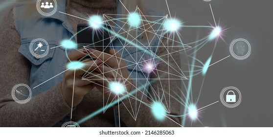 Hand touching modern interface digital transformation and metaverse concept. Connection next generation technology and new era of innovation