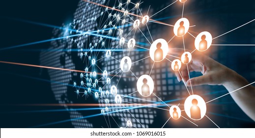 Hand of touching network connecting the human dots icon in business project management. Teamwork organization and brainstorm concept - Shutterstock ID 1069016015
