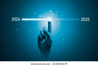 Hand touching on download bar status to change from 2024 to 2025  for countdown of merry Christmas and happy new year by technology concept, Start new business and new life. - Powered by Shutterstock - Get 15% off with code: PIKWIZARD15
