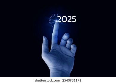 Hand touching on download bar status to change 2025 for countdown, merry Christmas and happy new year by technology concept