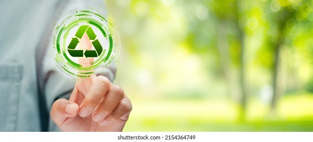 Hand touching on virtual screen recycle icon. Environmental concept recycle - reduce - reuse. - Shutterstock ID 2154364749