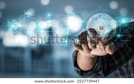 Hand touching padlocks with data protection, user's personal information security, user privacy security and encryption, biometric identification, cybersecurity protection, data protection concept.
