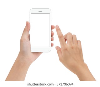 hand touching phone mobile screen isolated on white, mock up smartphone blank screen easy adjustment with clipping path - Shutterstock ID 571736374