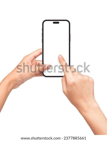Hand Touching Phone Screen with black smartphone, isolated on white background. Hand pointing scrolling social media screen presentation Mockup.