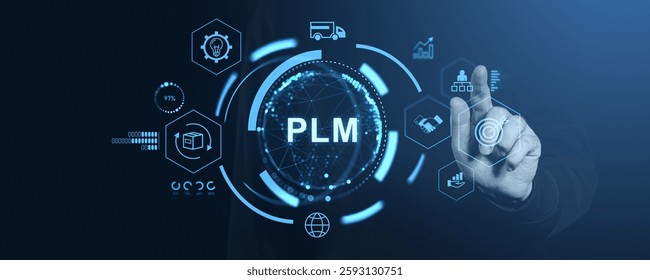 Hand touching PLM interface with icons, digital style, on dark background. Concept of technology