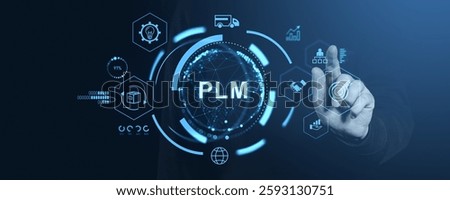 Hand touching PLM interface with icons, digital style, on dark background. Concept of technology