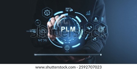 Hand touching PLM interface on tablet, futuristic style, dark background, concept of product lifecycle management