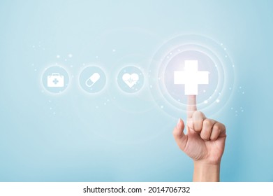 Hand Touching Plus Sign Icon Means To Offer Positive Thing, Like Benefits, Personal Development, Social Network Welfare And Health Care Insurance