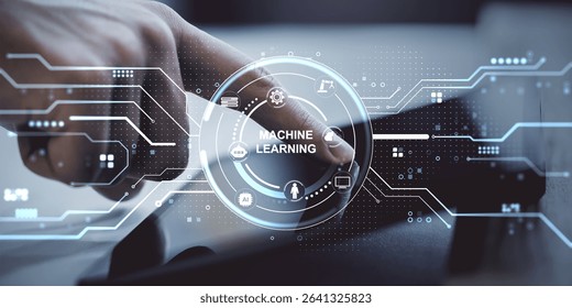 Hand touching screen with machine learning interface, futuristic tech style, on dark blurred background. Concept of artificial intelligence