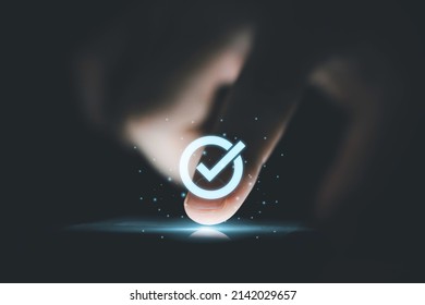 Hand touching to screen with tick correct mark to approve document and project concept. - Shutterstock ID 2142029657