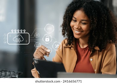 Hand touching Secure Access Service Edge icon on smartphone virtual screen background, password, network, framework and support technology in office. SASE secure access service edge concept. - Powered by Shutterstock