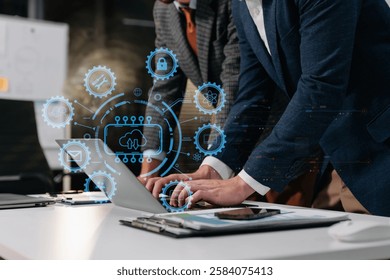 Hand touching Secure Access Service Edge icon on smartphone virtual screen background, password, network, framework and support technology in office. SASE secure access service edge concept.