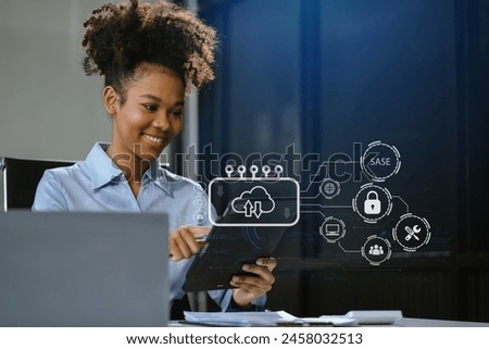 Hand touching Secure Access Service Edge icon on smartphone virtual screen background, password, network, framework and support technology in office. SASE secure access service edge concept.