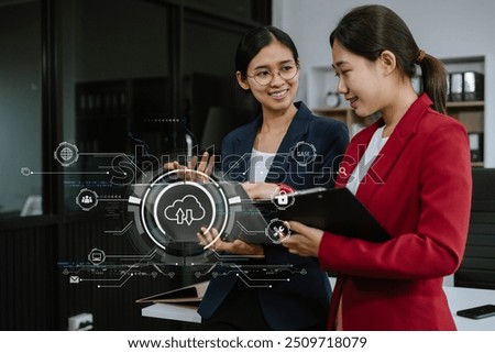 Hand touching Secure Access Service Edge icon on smartphone virtual screen background, password, network, framework and support technology in office. SASE secure access service edge concept.