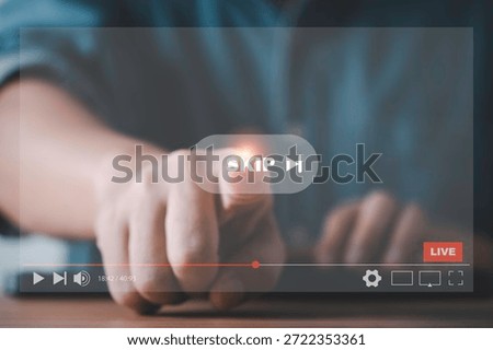 Hand touching to skip button on virtual Video screen for user pressing skip button of online advertising content control streaming platform and modern internet behavior.