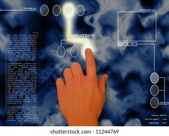 Hand touching a solutions button on a futuristic computer interface