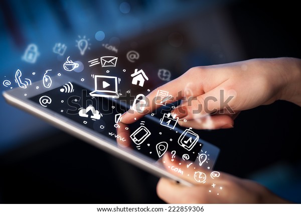 Hand touching\
tablet pc, social media\
concept