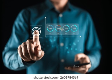 Hand touching target icon for creative and set up business objective target goal concept