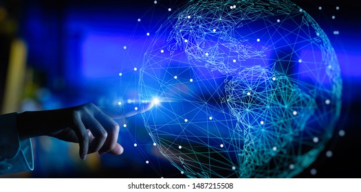 Hand Touching Telecommunication Network And Wireless Mobile Internet Technology  With 5G LTE Data Connection Of Global Business, Fintech, Blockchain.