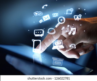 hand touching touch pad, social media concept