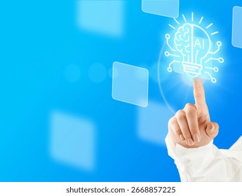 Hand touching virtual AI interface with brain and lightbulb icon on blue background.