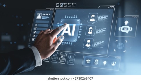 Hand touching virtual AI interface with user profile icons, checklists, and data elements, digital creative style on futuristic tech blue background, concept of automation