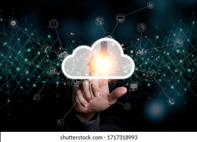 Hand Touching To Virtual Artificial Intelligence With Cloud Technology Transformation And Internet Of Thing .  Cloud Technology Management Big Data Include Business Strategy , Customer Service.