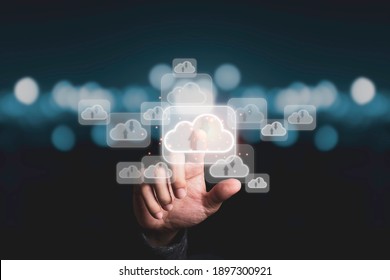 Hand Touching To Virtual Artificial Intelligence With Cloud Technology Transformation And Internet Of Thing . Cloud Technology Management Big Data Include Business Strategy , Customer Service.