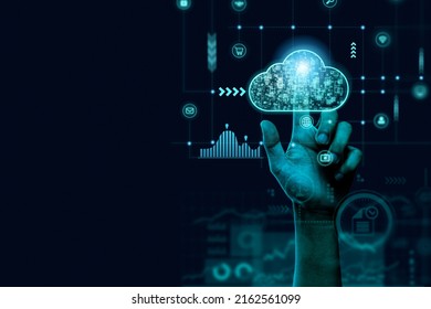 hand touching virtual cloud computing to transfer data information and upload download application. technology transformation concept. - Powered by Shutterstock - Get 15% off with code: PIKWIZARD15