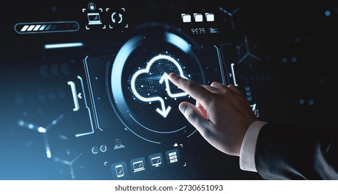 Hand touching virtual cloud upload icon on futuristic digital interface, glowing tech background, representing global digital storage and service concept