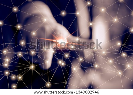 Hand touching virtual communication network technology, wireless connection solutions, future concept.
