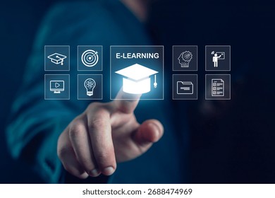 Hand touching virtual e-learning icon on digital screen, symbolizing online education, technology learning, remote training, and modern knowledge innovation in digital transformation.