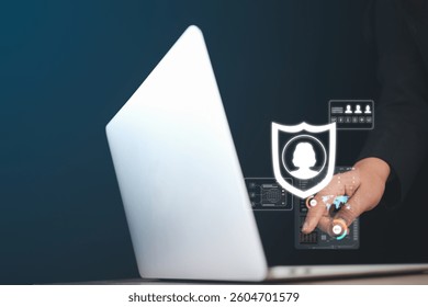 A businessman’s hand touching a virtual interface focused on cybersecurity, protecting personal data, preventing cyber attacks, and ensuring safe online transactions with advanced security measures.