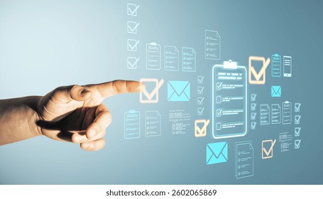 Hand touching a virtual interface with holographic checklists, documents, and emails on a light background, representing digital file management