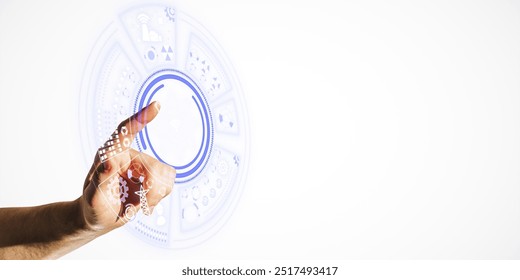 Hand touching a virtual interface with technological icons on a light white background. Concept of future technology and digital interaction