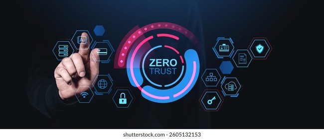 Hand touching virtual interface with Zero Trust security icons on dark background, representing cybersecurity, data protection, and secure network access