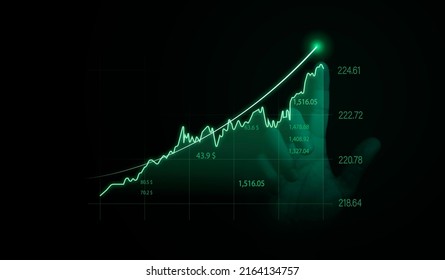 Hand touching virtual technical graph and chart for analysis stock market, technology investment and value investment concept.