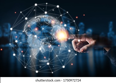 Hand touching virtual world with connection network. Global data information and technology exchange.