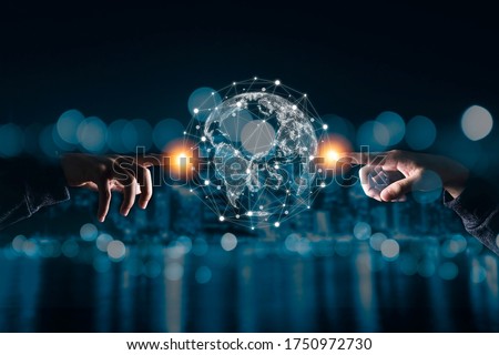 Hand touching virtual world with connection network. Global data information and technology exchange.