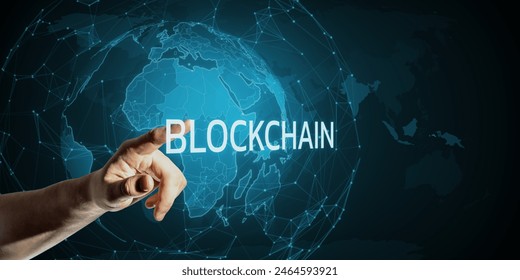 A hand touching the word 'BLOCKCHAIN' with a digital world map in the background, representing the concept of global technology