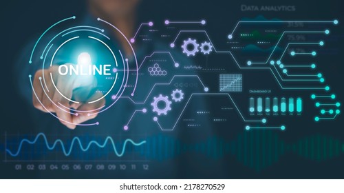 Hand touchscreen technology of Stock market or forex trading graph and candlestick chart suitable for financial investment concept, Economy trends background for business idea and all artwork design. - Shutterstock ID 2178270529