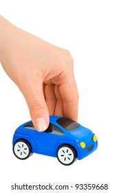 Hand And Toy Car Isolated On White Background