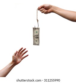  Hand Trying To Get A Dollar Banknote Hung On A Fish Hook