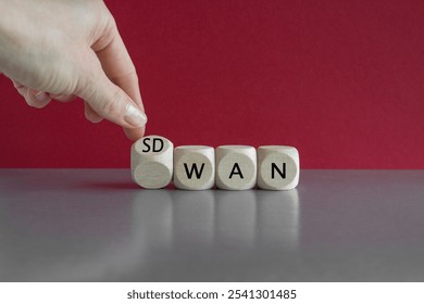 Hand turned a dice and form the expression SD WAN. Symbol for Software defined Wide Area Networking. Beautiful red background. Copy space.