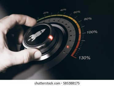 Hand turning a button with a rocket icon to the maximum acceleration. Concept of career acceleration. Composite between an image and a 3D background.